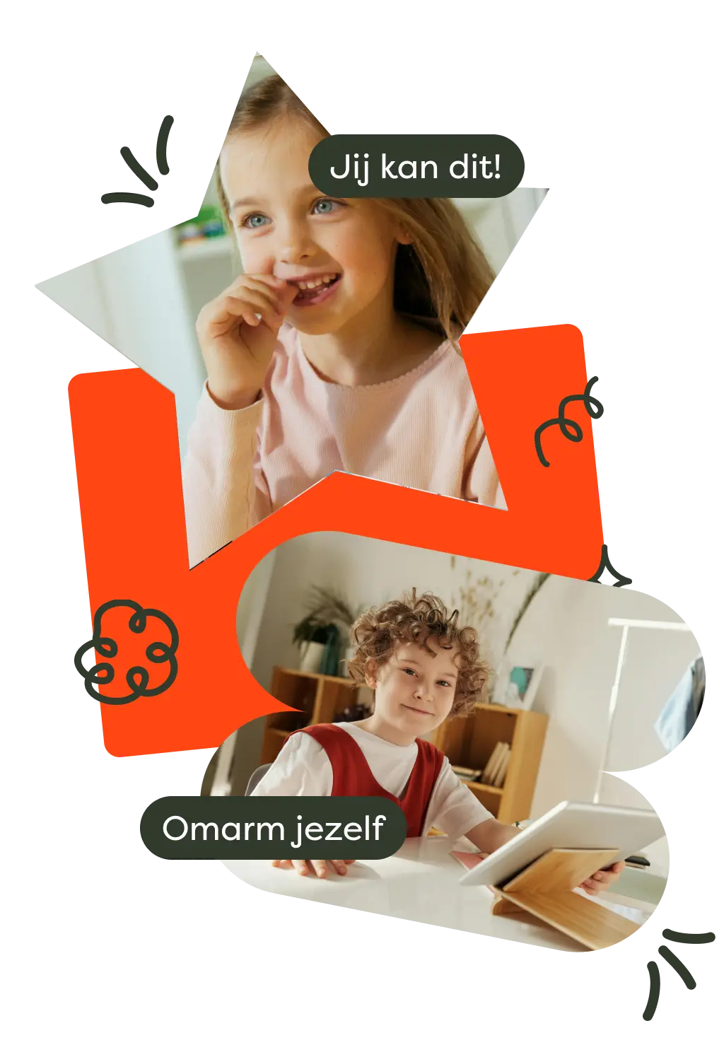 Twee kinderen met inspirerende teksten "Jij kan dit!" en "Omarm jezelf"