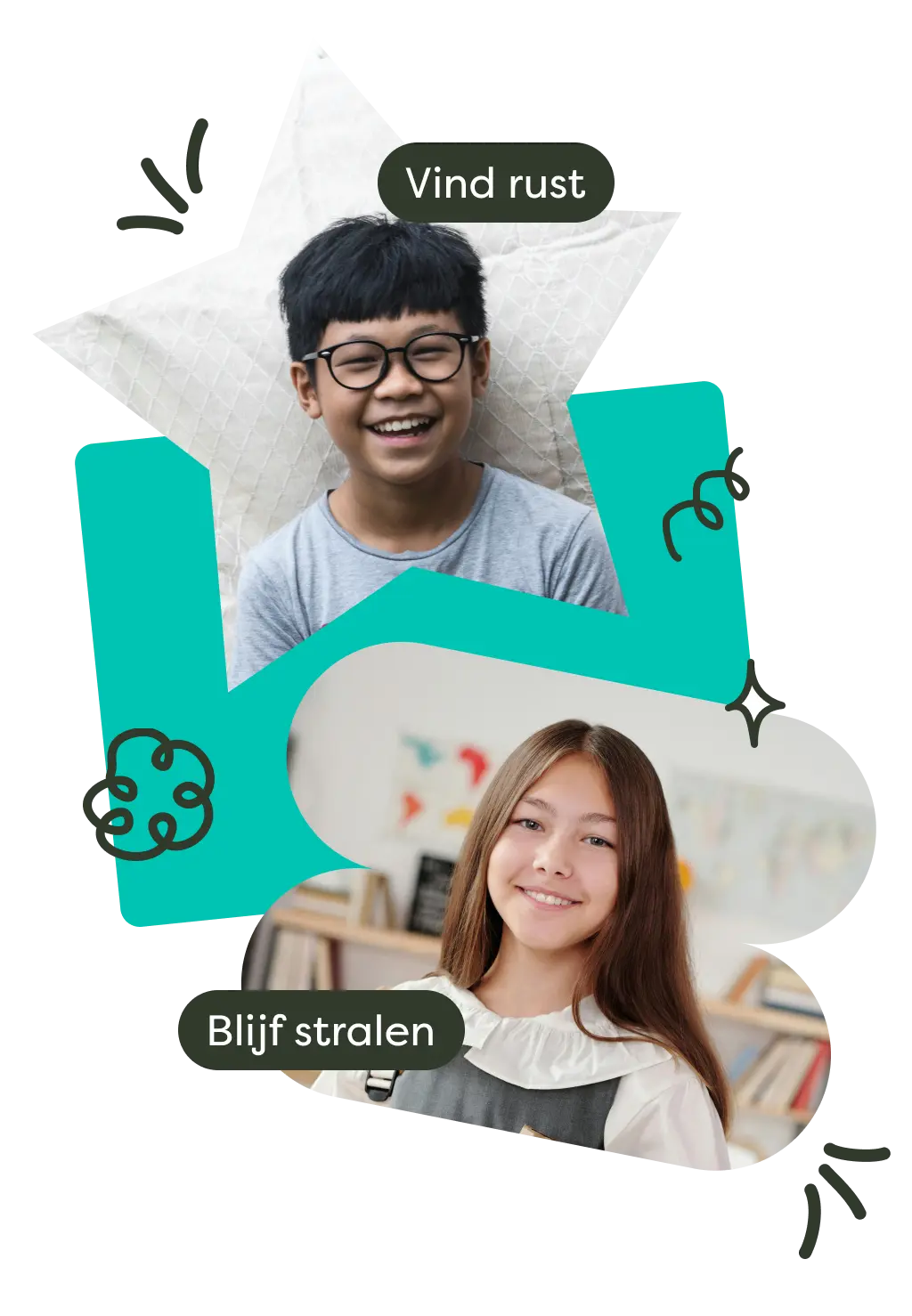 Twee kinderen met inspirerende teksten "Vind rust" en "Blijf stralen"