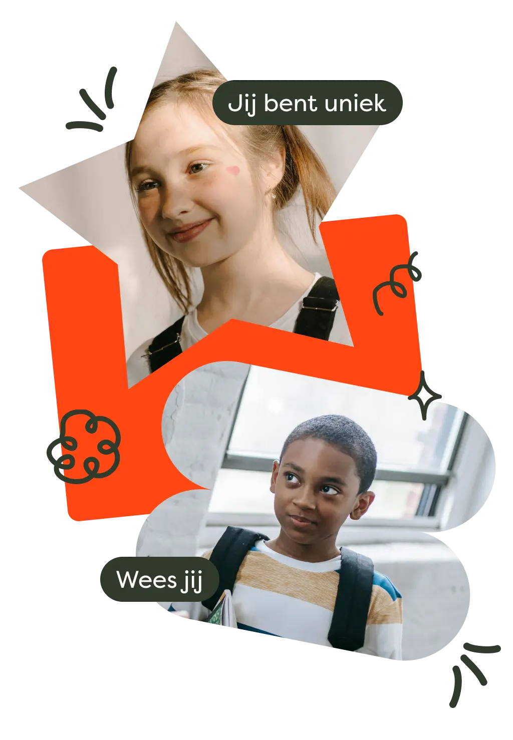 Twee kinderen met inspirerende teksten "Jij bent uniek" en "Wees jij"