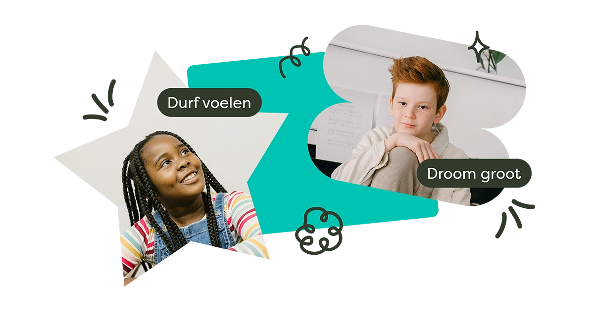 Twee kinderen met inspirerende teksten "Durf voelen" en "Droom groot"