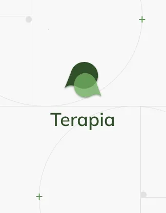 Ikona sekcji Terapia w Centrum Terapii i Rozwoju, przedstawiająca zieloną dymek mowy z nakładającymi się okręgami i napisem "Terapia" poniżej, otoczone kropkowanymi liniami i zielonymi punktami na jasnym tle.