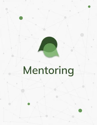 Ikona sekcji Mentoring w Centrum Terapii i Rozwoju, przedstawiająca zieloną dymek mowy z nakładającymi się okręgami i napisem "Mentoring" poniżej, na jasnym tle z kropkowanymi liniami i zielonymi punktami symbolizującymi sieć połączeń.