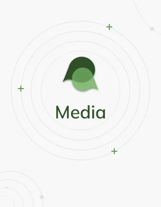 Ikona sekcji Media w pasku nawigacyjnym Centrum Terapii i Rozwoju, przedstawiająca zieloną dymek mowy z nakładającymi się okręgami i napisem "Media" poniżej, otoczone delikatnymi okręgami i znakami plus.