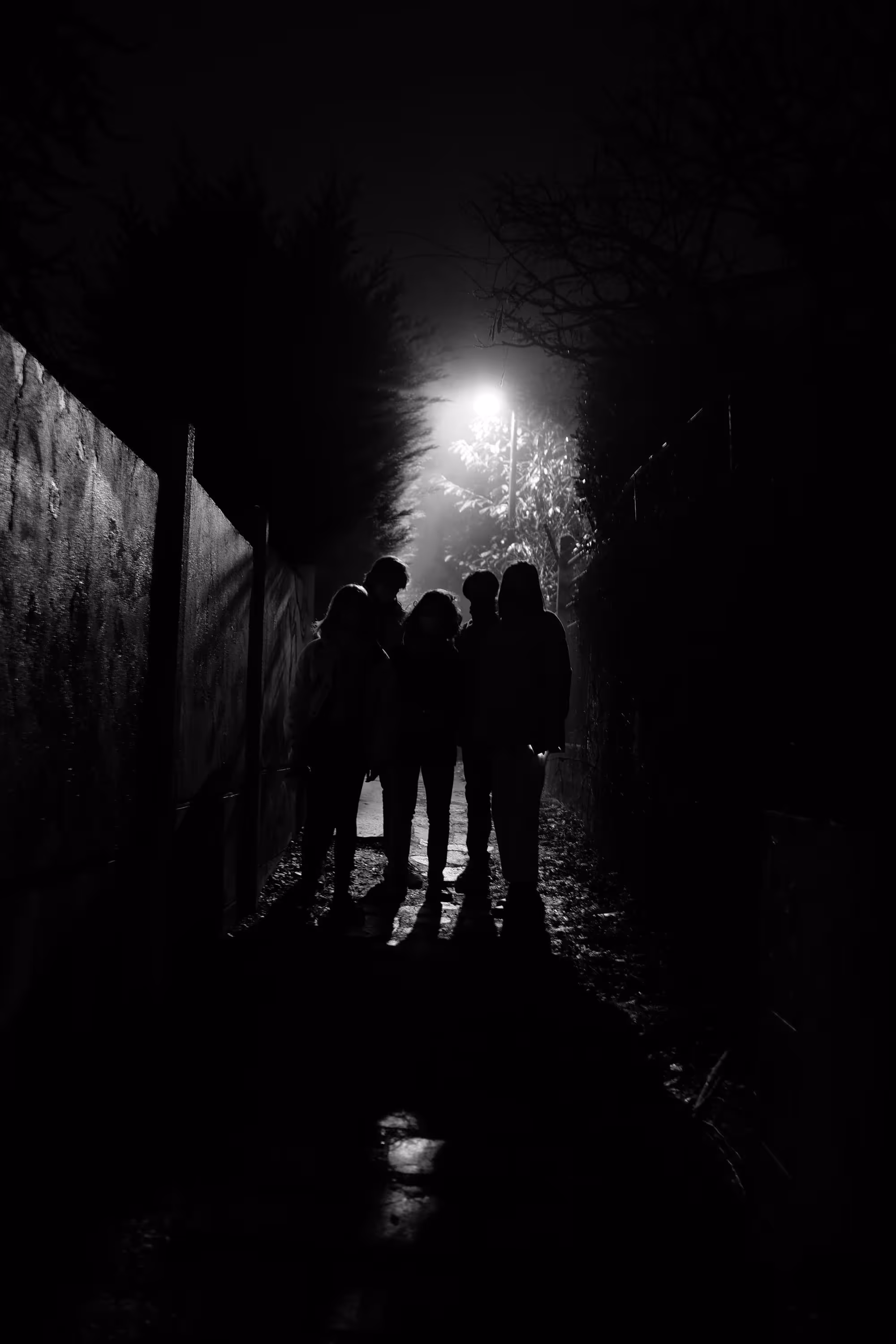 Silhouettes d’un groupe de personnes debout dans une allée sombre, éclairée par un lampadaire.