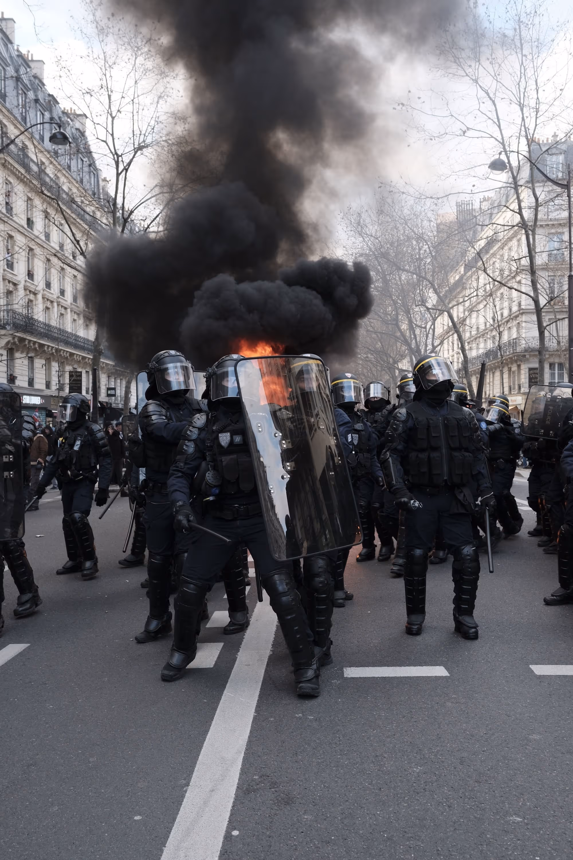 Policier antiémeute tenant un bouclier en feu, entouré de collègues dans une rue enfumée.