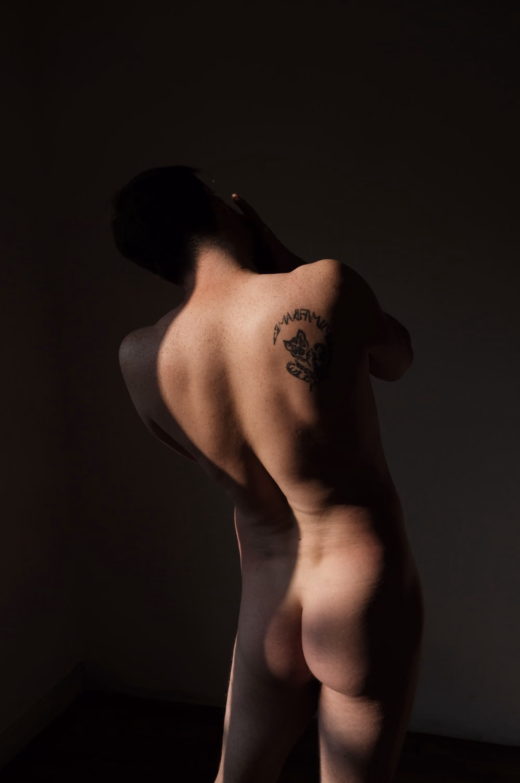 Dos nu d’un homme avec un tatouage et des ombres marquées sur un fond sombre.