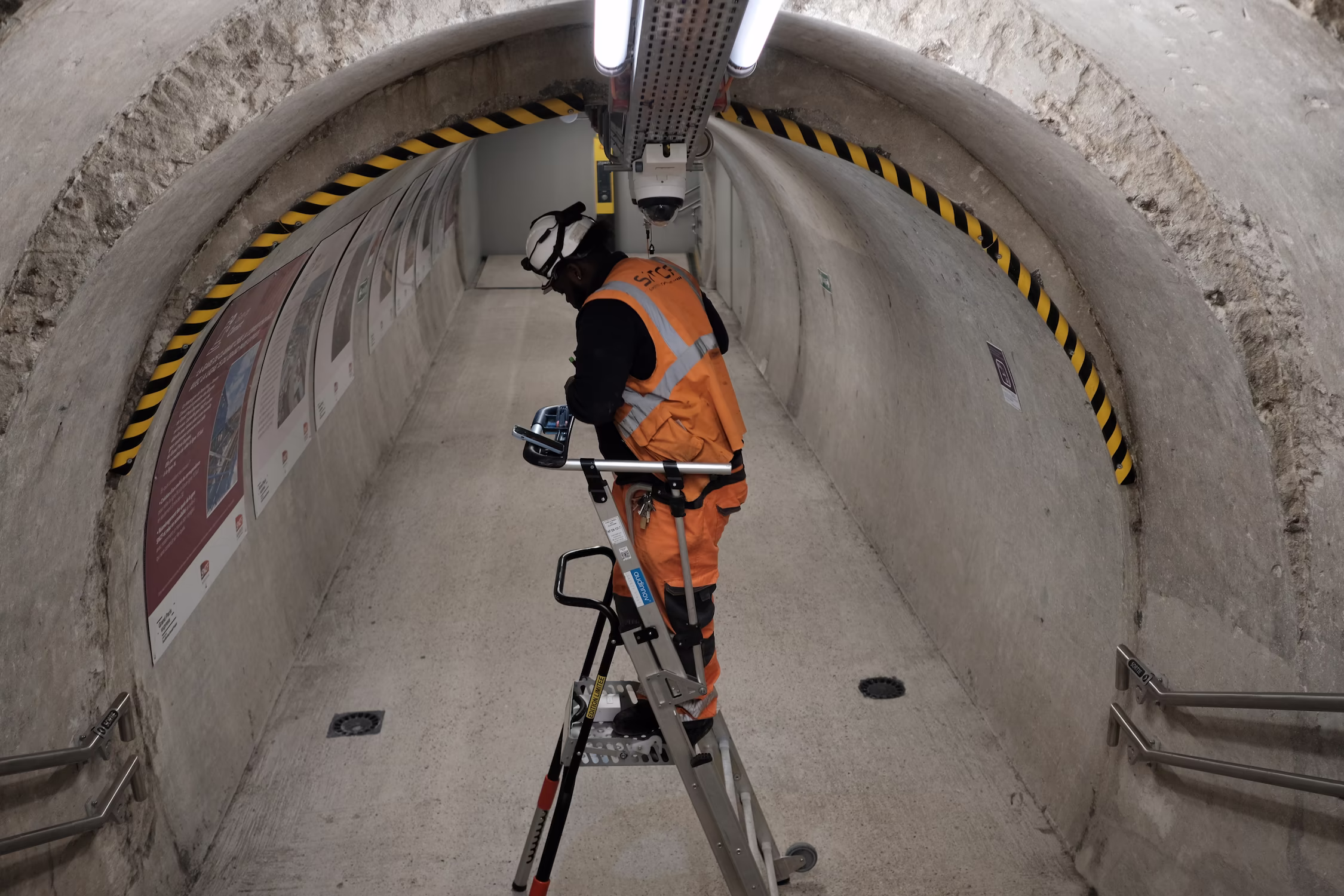 Ouvrier en gilet orange sur une échelle inspecte une caméra dans un tunnel souterrain circulaire.
