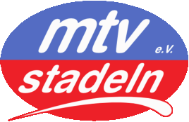 Logo des MTV Stadeln e.V. in Blau und Rot mit weißer Schrift und geschwungener Linie im unteren Bereich.