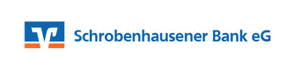 Logo der Schrobenhausener Bank eG mit blauem Schriftzug und stilisiertem VR-Symbol in Blau und Orange.