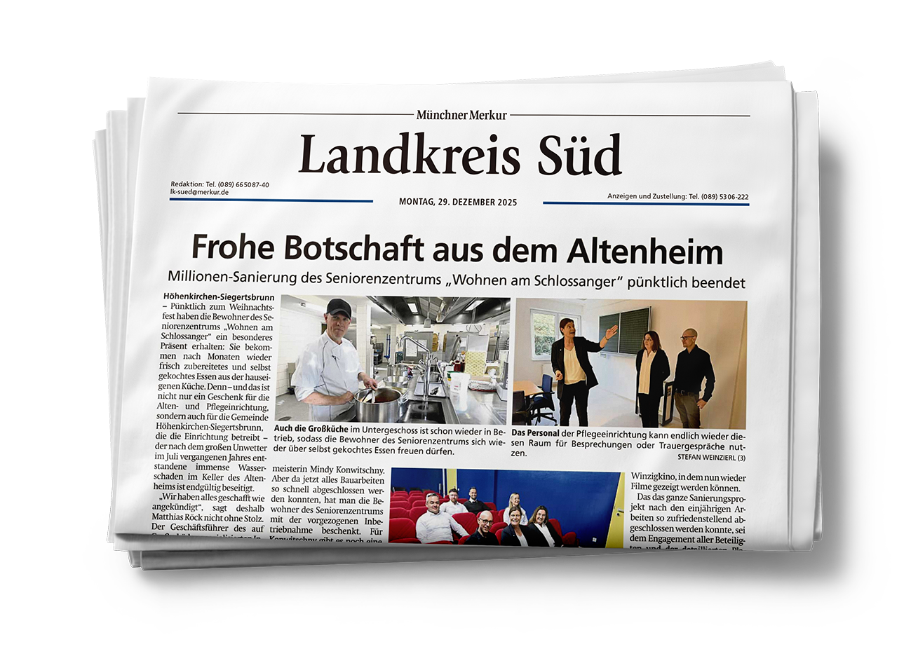 Zeitungsausschnitt der Münchner Merkur mit dem Titel "Frohe Botschaft aus dem Altenheim!"