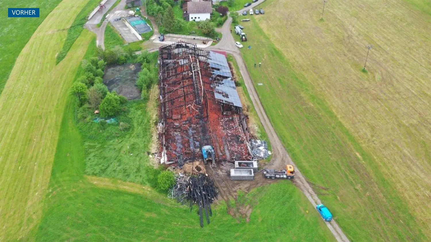 Luftansicht abgebrannter Rinderstall