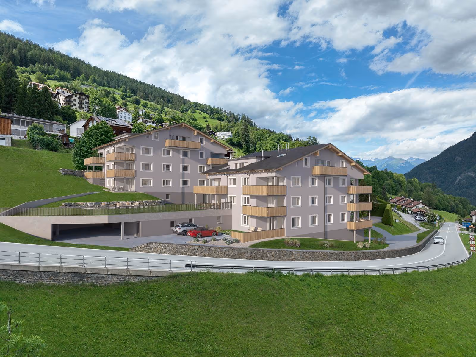 Visualisierung: Aussenansicht der Überbauung «Pazonja» in Malix