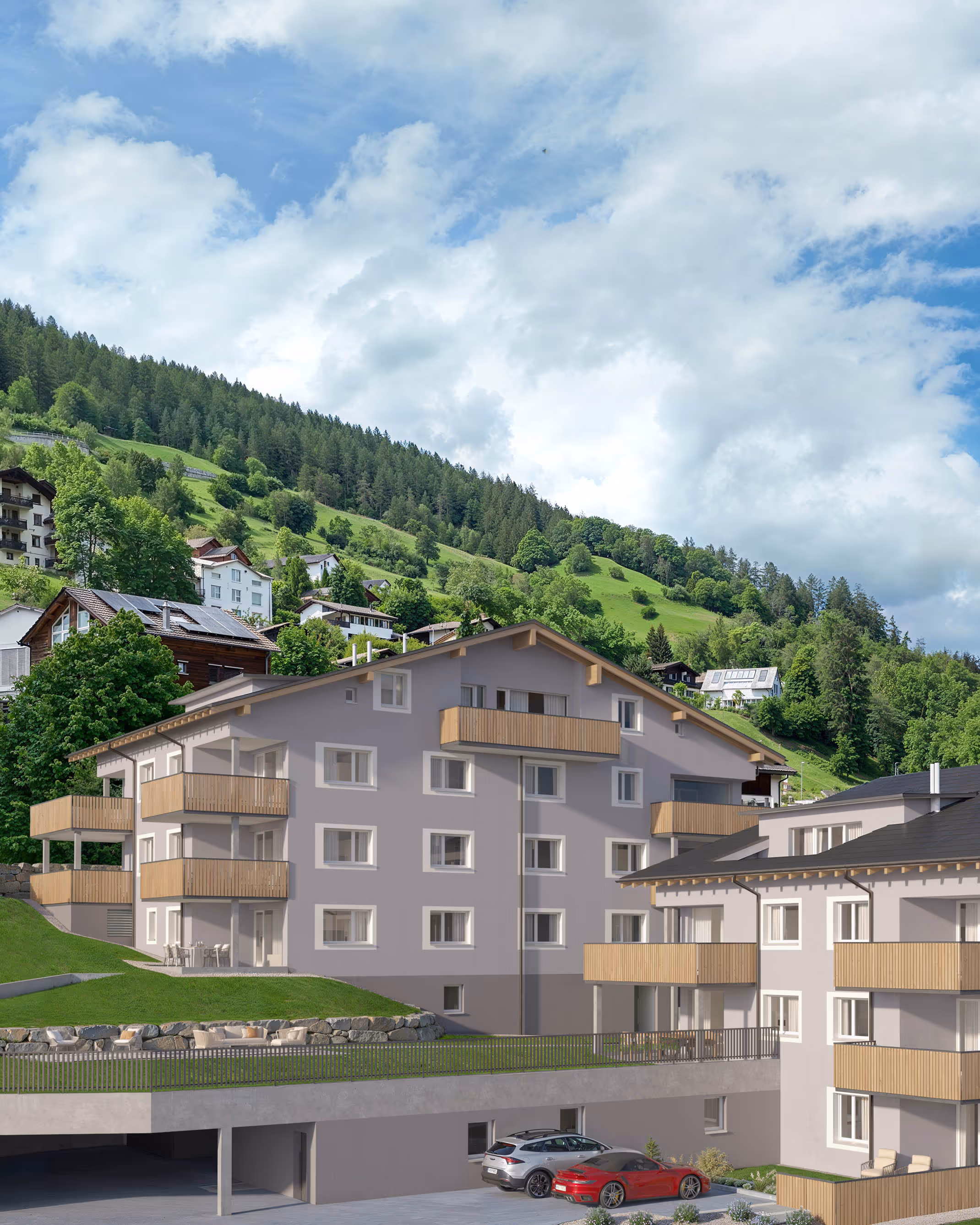 Visualisierung: Aussenansicht der Überbauung «Pazonja» in Malix
