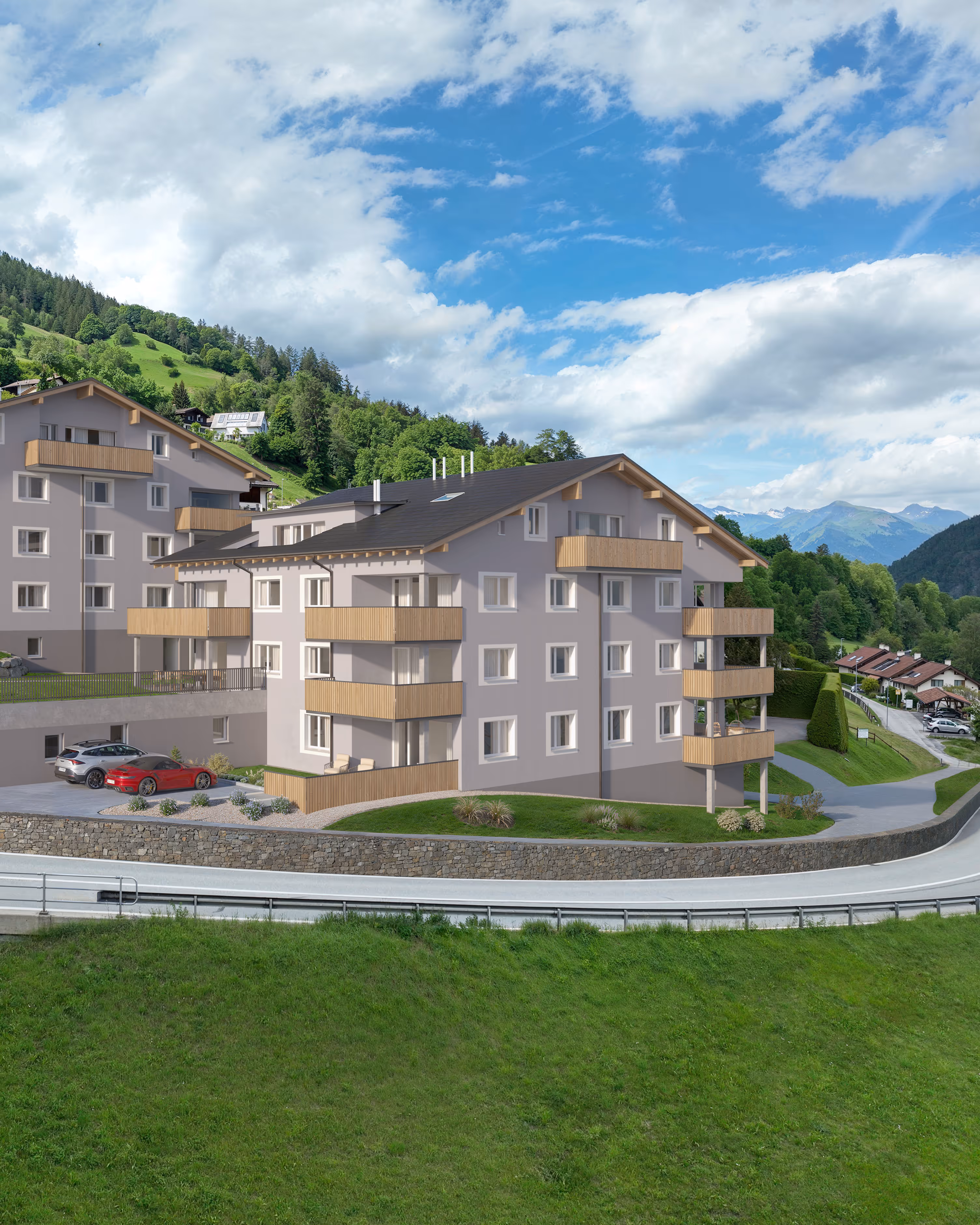Visualisierung: Aussenansicht der Überbauung «Pazonja» in Malix