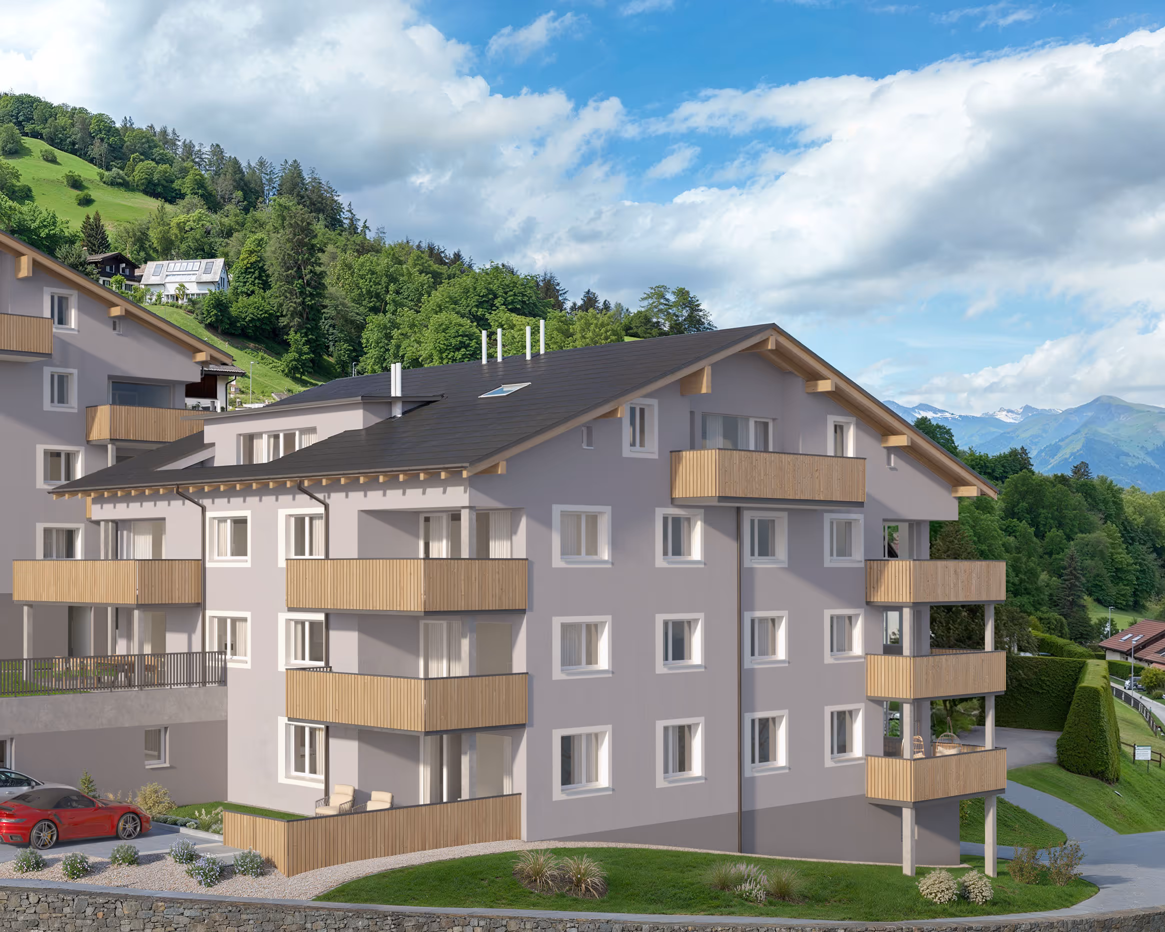 Visualisierung: Aussenansicht der Überbauung «Pazonja» in Malix