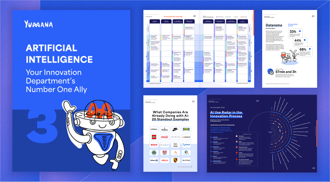 Cover and inside pages of an innovation report titled 'Artificial Intelligence: Your Innovation Department’s Number One Ally' featuring AI use cases, key statistics, company examples, and AI use radar in the innovation process.