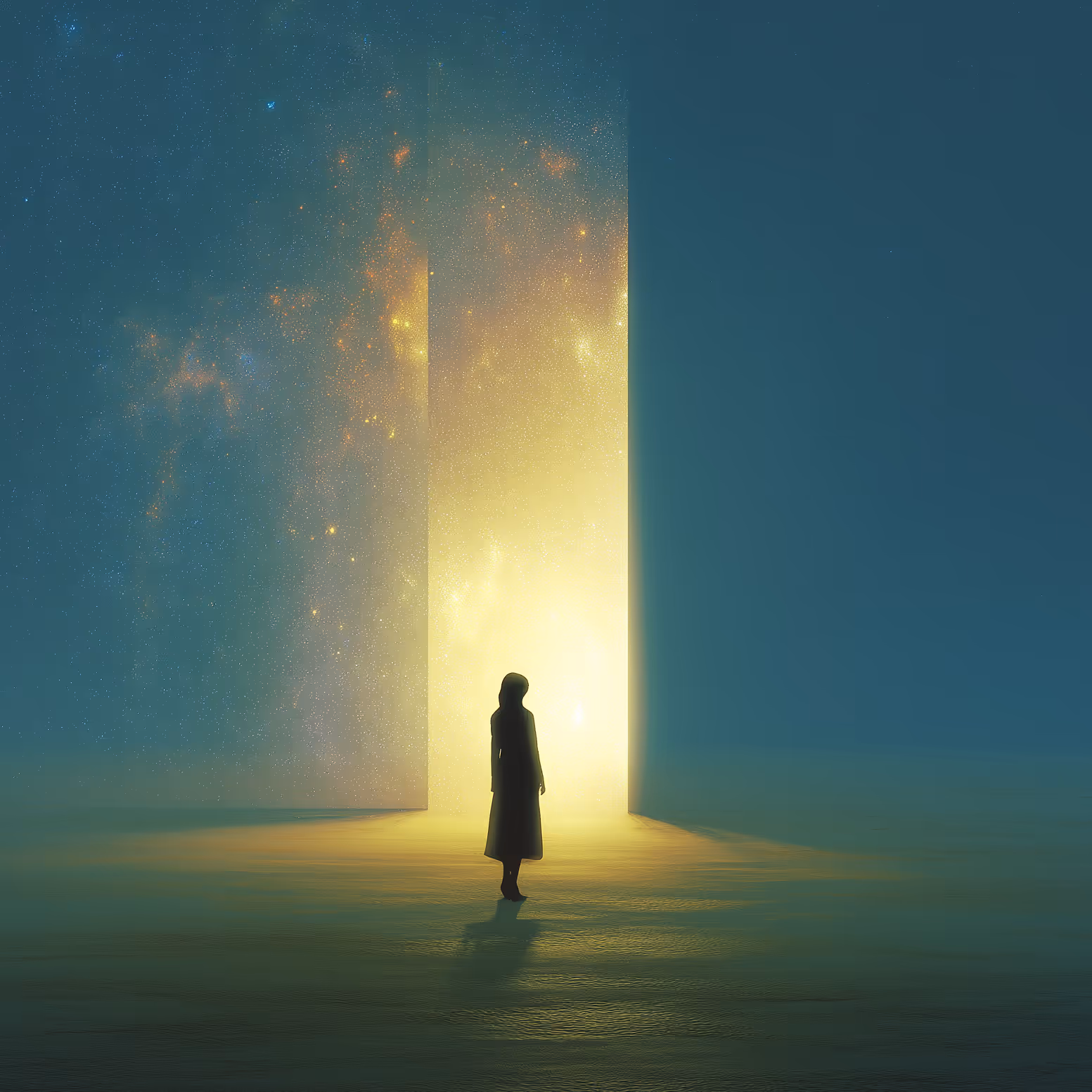 Silhouette of a person standing in front of a large glowing doorway revealing a starry sky.