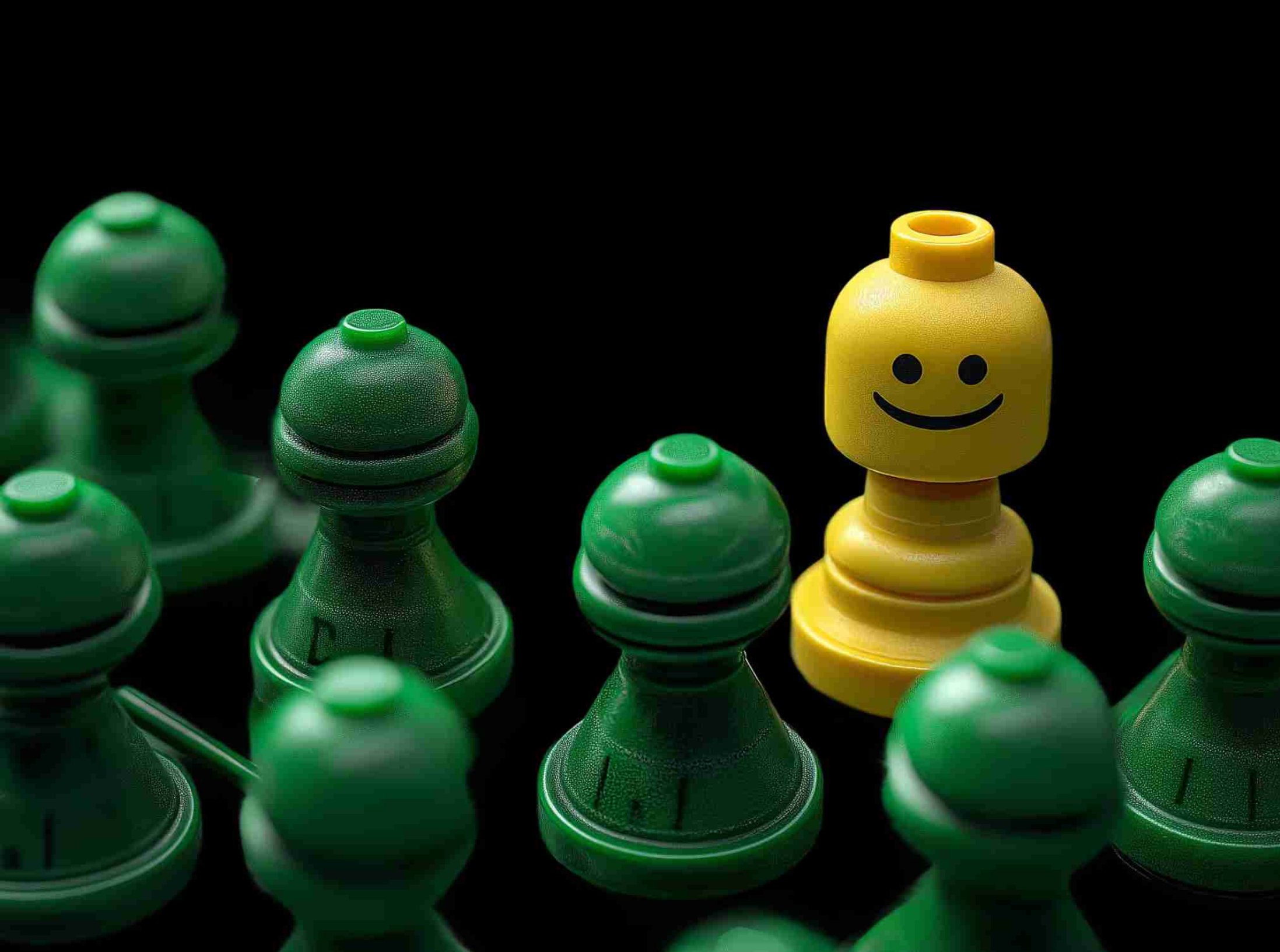 Yellow chess pawn with a smiling LEGO head surrounded by green chess pawns on a black background.