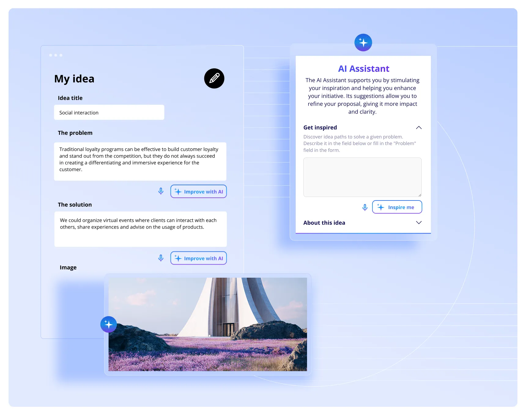 AI Assistant features to refine innovation ideas with smart suggestions and automated content generation.
