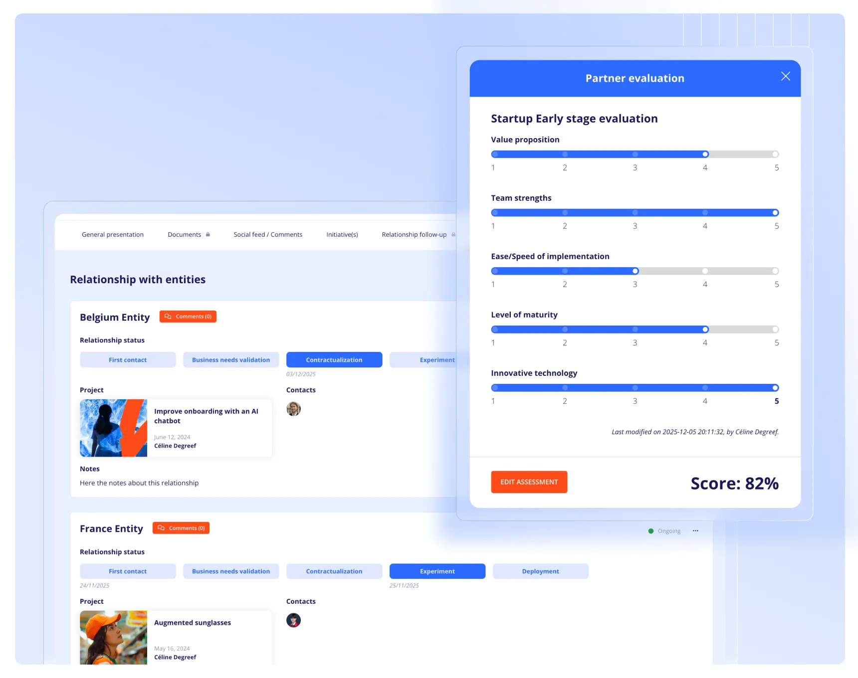Partnership Workflow: End-to-end tracking of entity–startup relationships with maturity evaluation scorecards.