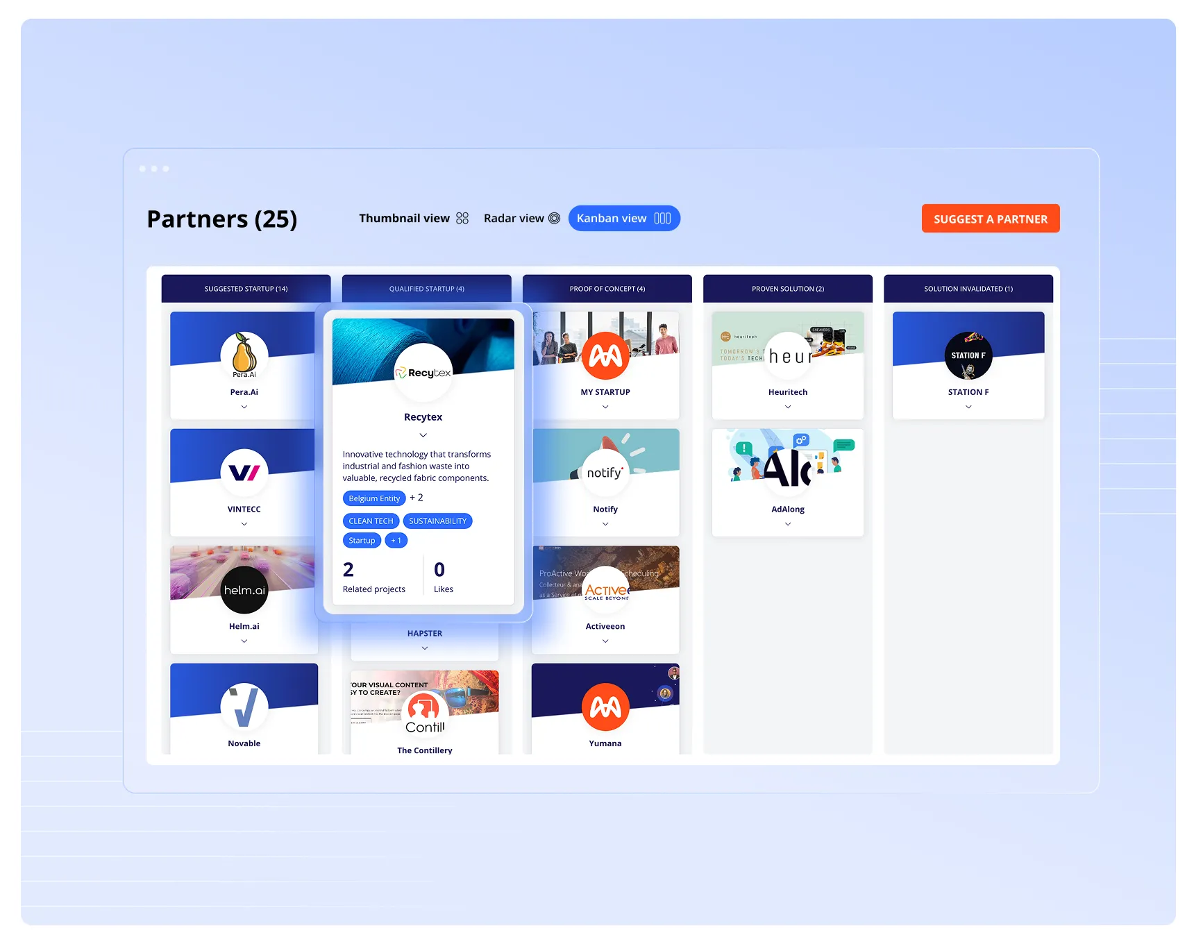 Kanban Workflow for startup ecosystem management and innovation partner tracking.