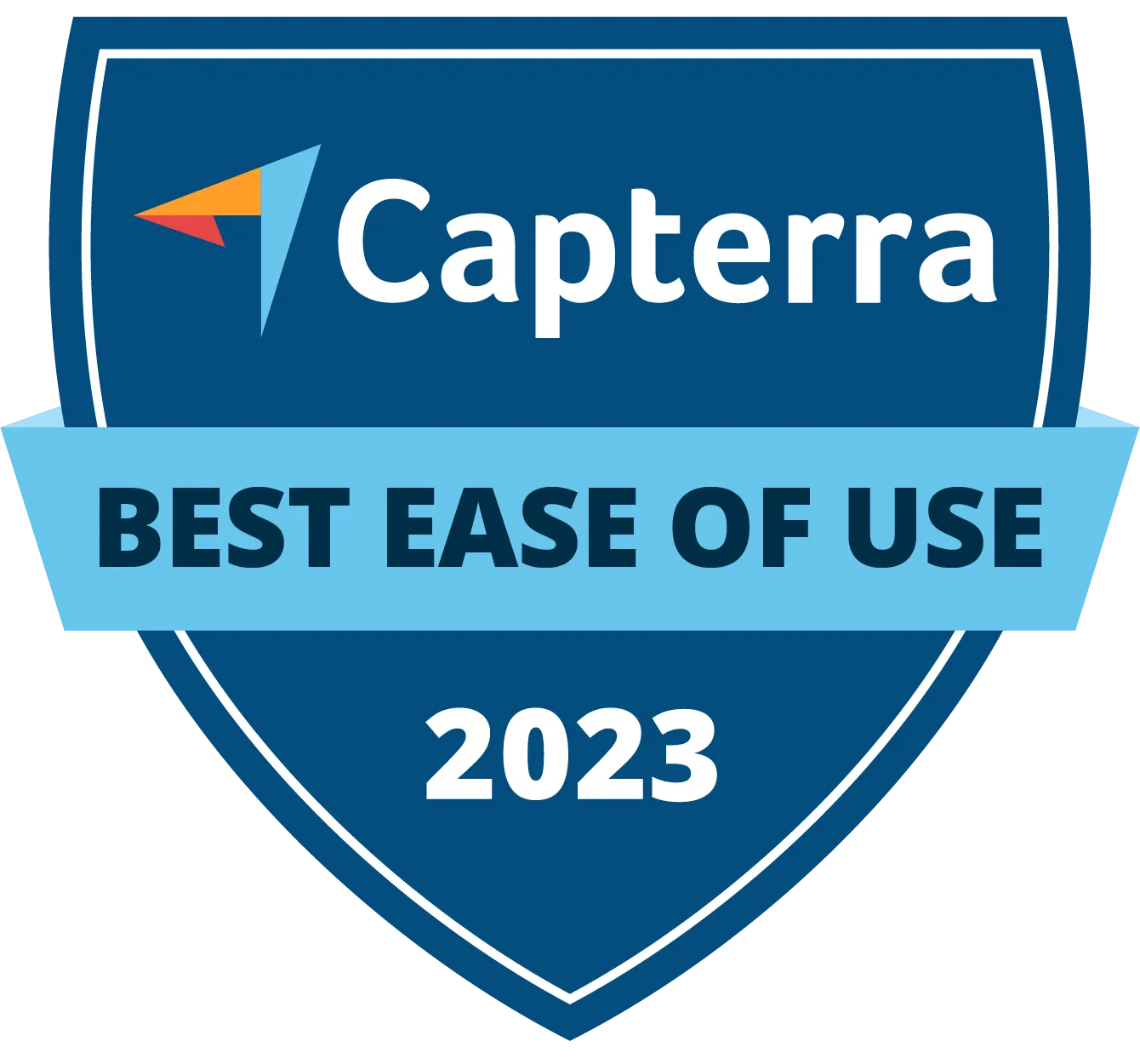 Capterra Best Ease of Use 2023 award badge in blue and light blue.