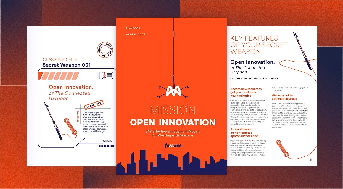 Tri-fold brochure titled 'Mission Open Innovation' with a central orange cover featuring a fishing lure graphic, and side panels describing 'Secret Weapon 001' and key features of 'Open Innovation' including casting hooks and optimizing alliances.