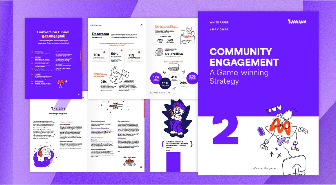 Layout of a white paper titled 'Community Engagement: A Game-winning Strategy' by Yumama, featuring a purple-themed cover and pages with illustrations, statistics, and text about employee engagement and conversion strategies.