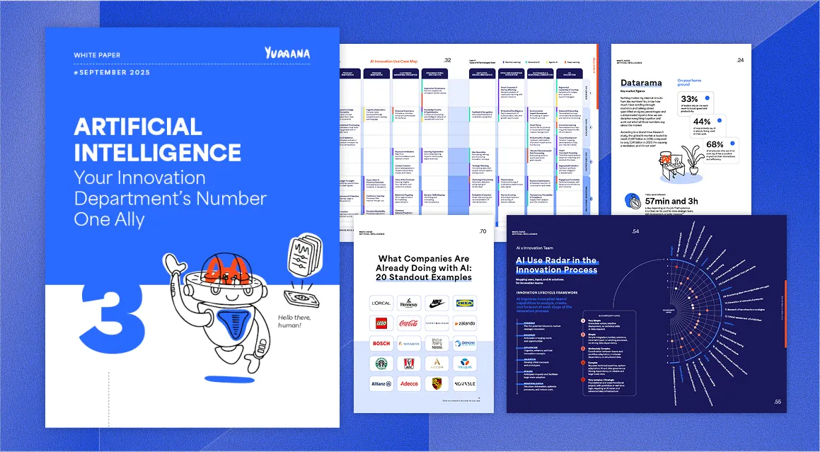 A blue and white white paper cover titled 'Artificial Intelligence: Your Innovation Department's Number One Ally' featuring a cartoon robot and preview pages showing AI use case maps, company AI examples, and AI innovation team radar.