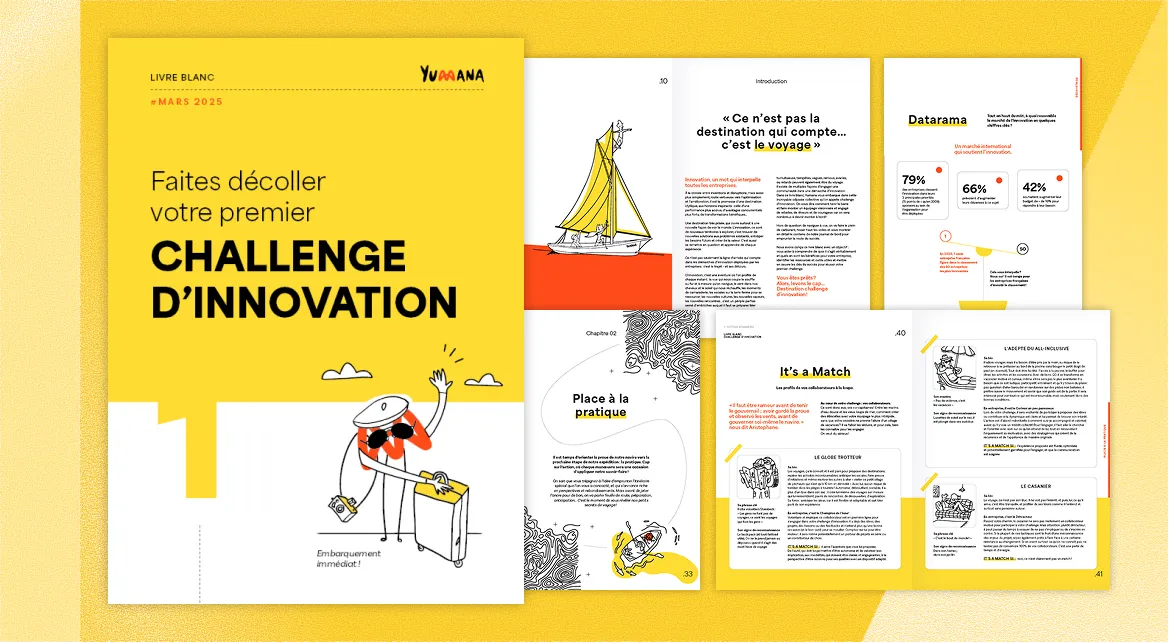Cover and several pages of a yellow-themed innovation challenge booklet with illustrations, charts, and texts in French.