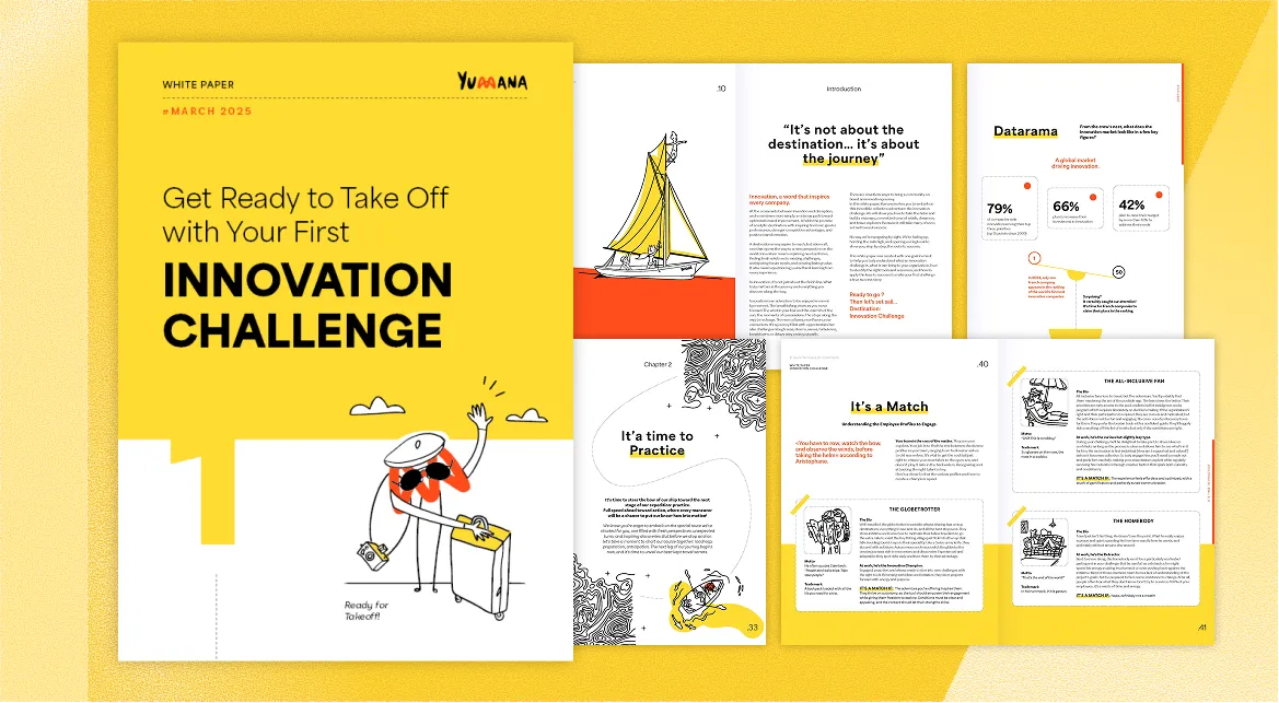 Cover and internal pages of a yellow-themed white paper titled 'Get Ready to Take Off with Your First Innovation Challenge' featuring illustrations of a character with sunglasses and a suitcase, a sailboat, and various infographics and text about innovation journey and employee engagement.