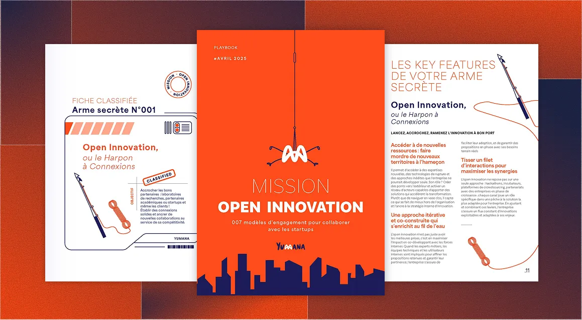 Three-page spread of a playbook titled 'Mission Open Innovation' with orange and white design, featuring text on collaboration models and key features of open innovation.