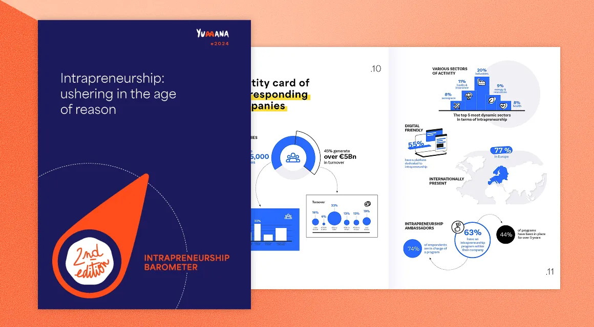 Cover and pages of the 2nd edition Intrapreneurship Barometer report showing stats on intrapreneurship such as sectors, digital friendliness, and ambassador programs in Europe.