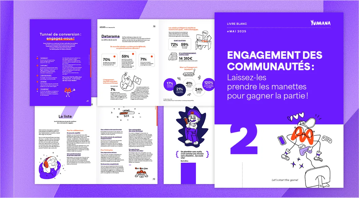French white paper titled 'Engagement des communautés' with purple and white pages featuring text, charts, and cartoon illustrations about community engagement strategies.