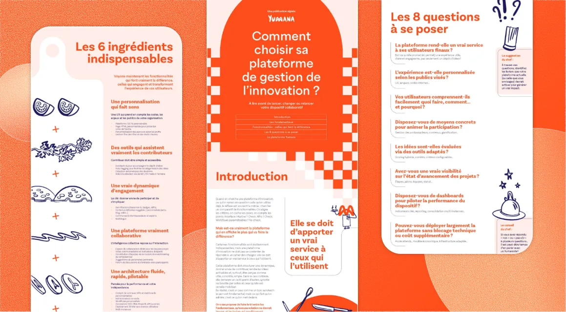 Infographic in French outlining essential elements for choosing an innovation management platform, including six key ingredients, an introduction, and eight questions to consider, with simple icons and illustrated advice.
