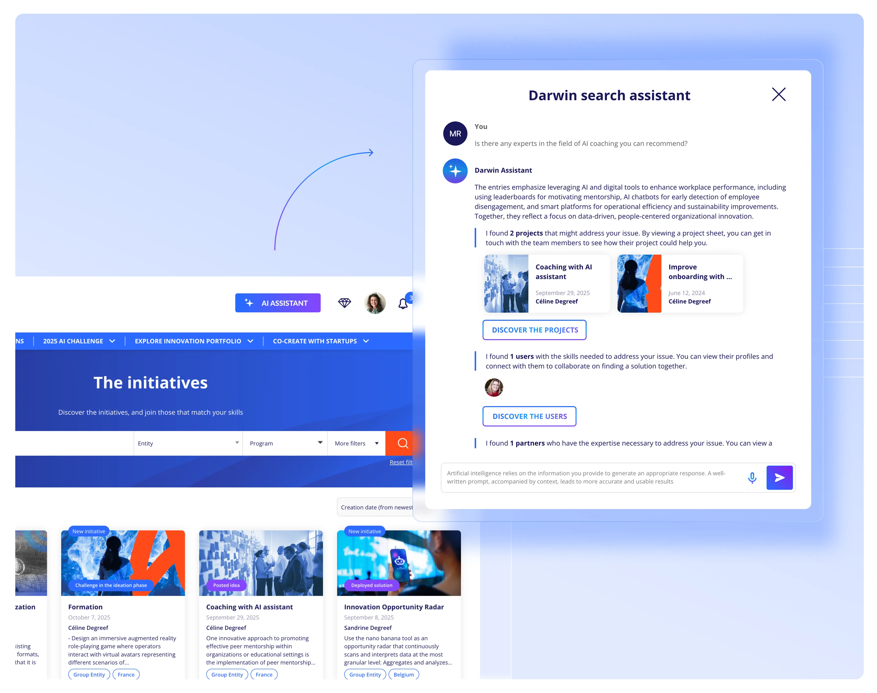 Darwin AI search assistant for matching skills, users, and expert projects in a collaborative SaaS ecosystem.