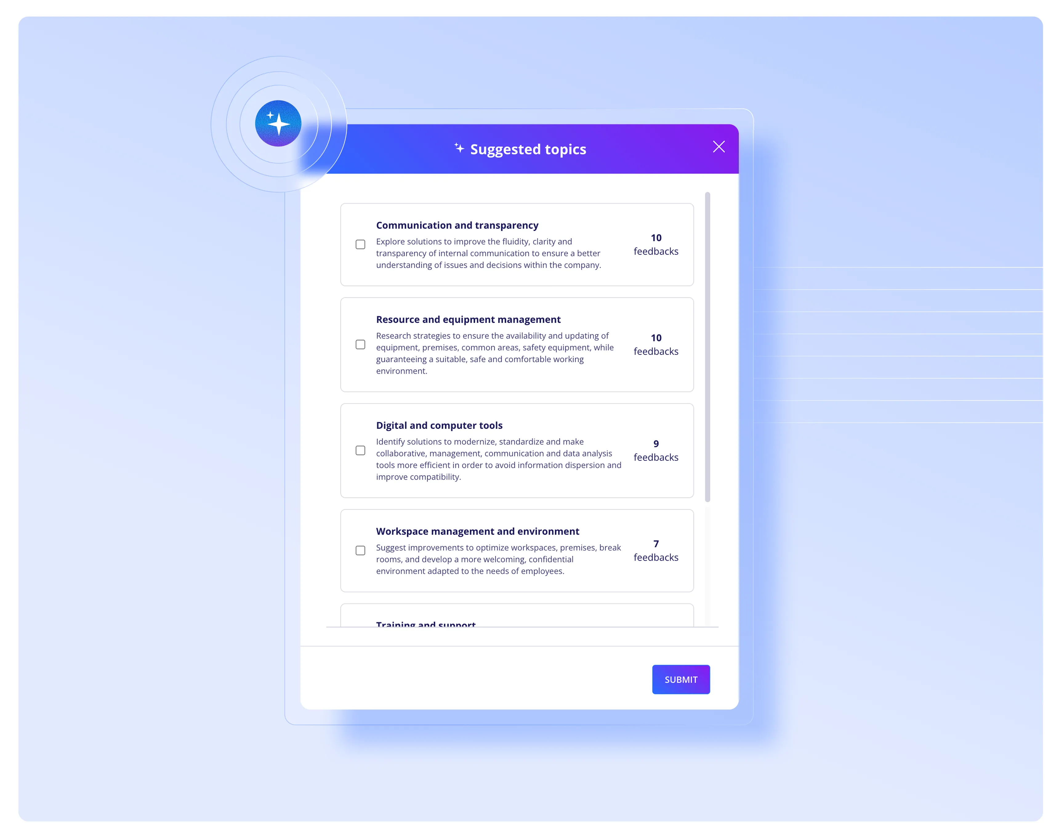 AI-driven analysis of feedback and business needs, with automated suggestions of priority topics.