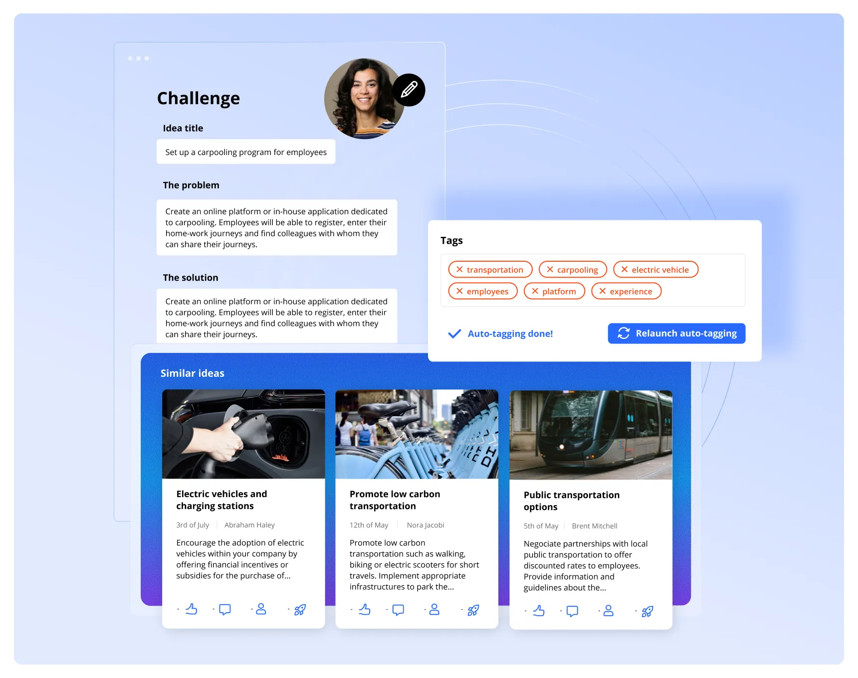 Idea form: Submit ideas, auto-tag them with AI, and discover similar projects.