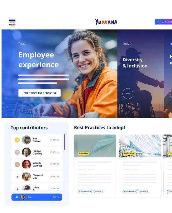 Employee experience dashboard with best practices, top contributors leaderboard, and HR innovation themes.