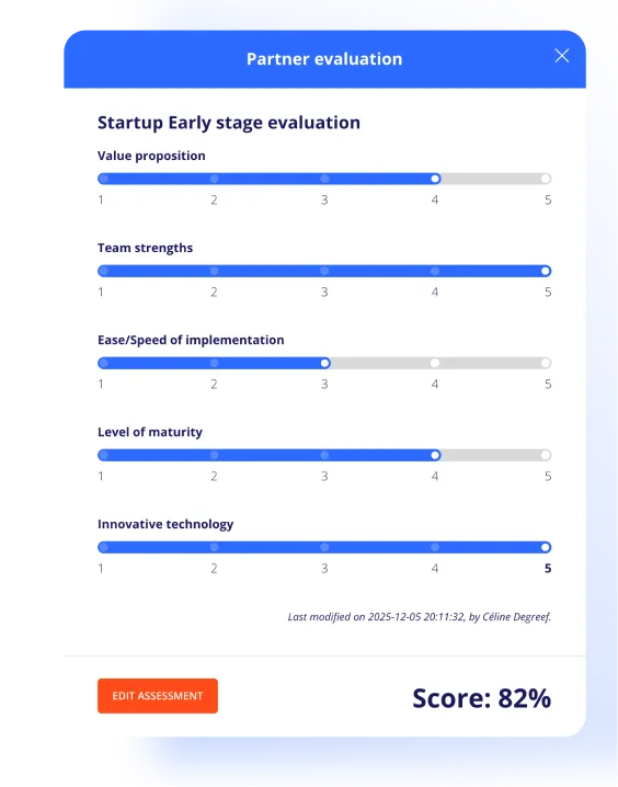 Startup early-stage evaluation tool with scoring KPIs for value proposition, team, and technology maturity.