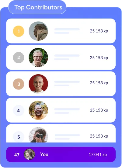 Leaderboard of top contributors showing five users with 25,153 XP each and the current user ranked 47th with 17,041 XP.