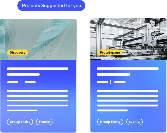 Two project cards labeled 'Discovery' and 'Prototypage' under 'Projects Suggested for you', each with abstract or industrial images and tags for Group Entity and France.