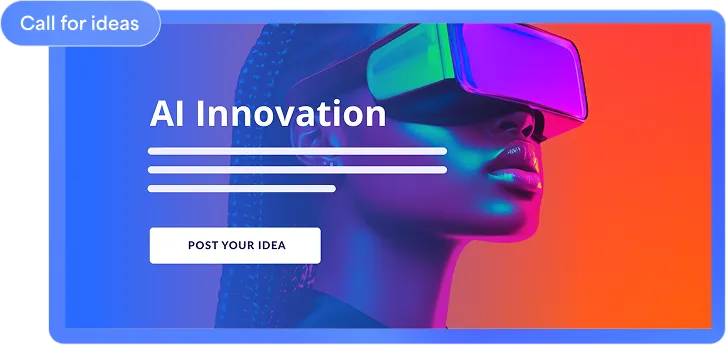 Side profile of a person wearing a virtual reality headset with a blue and orange gradient background and text 'AI Innovation' with a button labeled 'Post Your Idea'.