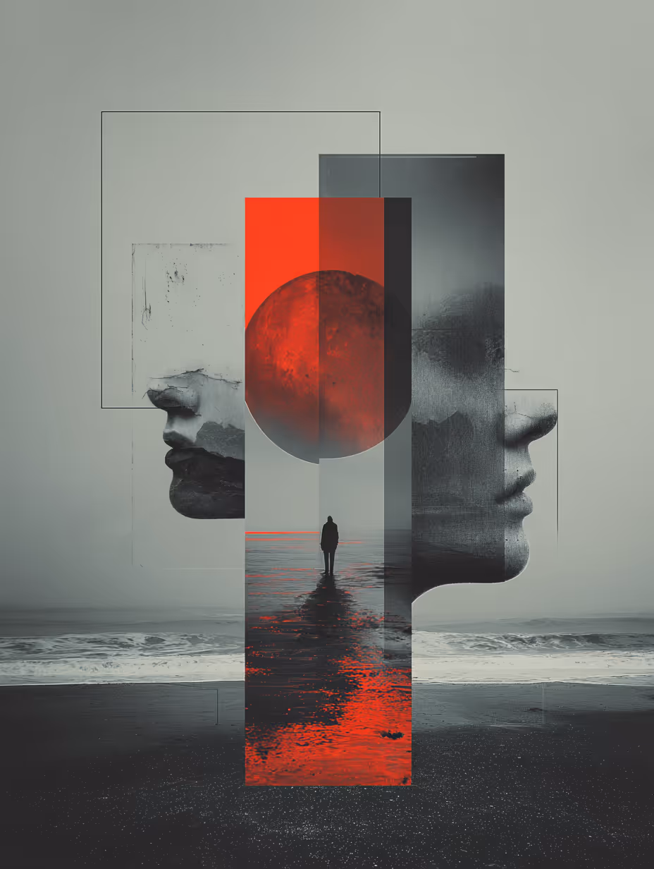 Surreal artwork showing two large grayscale human profiles facing opposite directions with a central vertical panel featuring a red moon and a solitary figure walking on a reflective water surface.