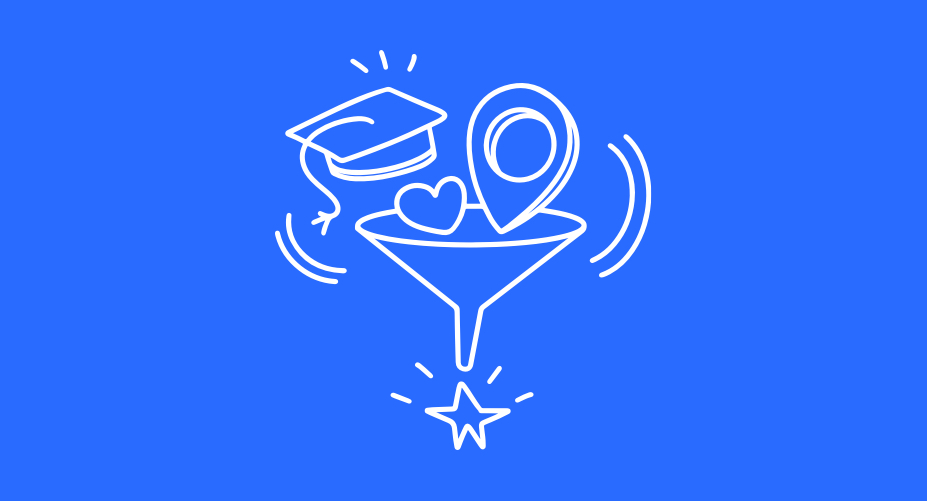 White line drawing of a funnel with a graduation cap, heart, and location pin entering it, and a star coming out on a blue background.