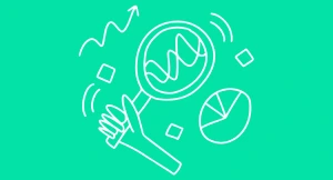 Illustration of a hand holding a magnifying glass examining charts and graphs representing data analysis and continuous improvement.