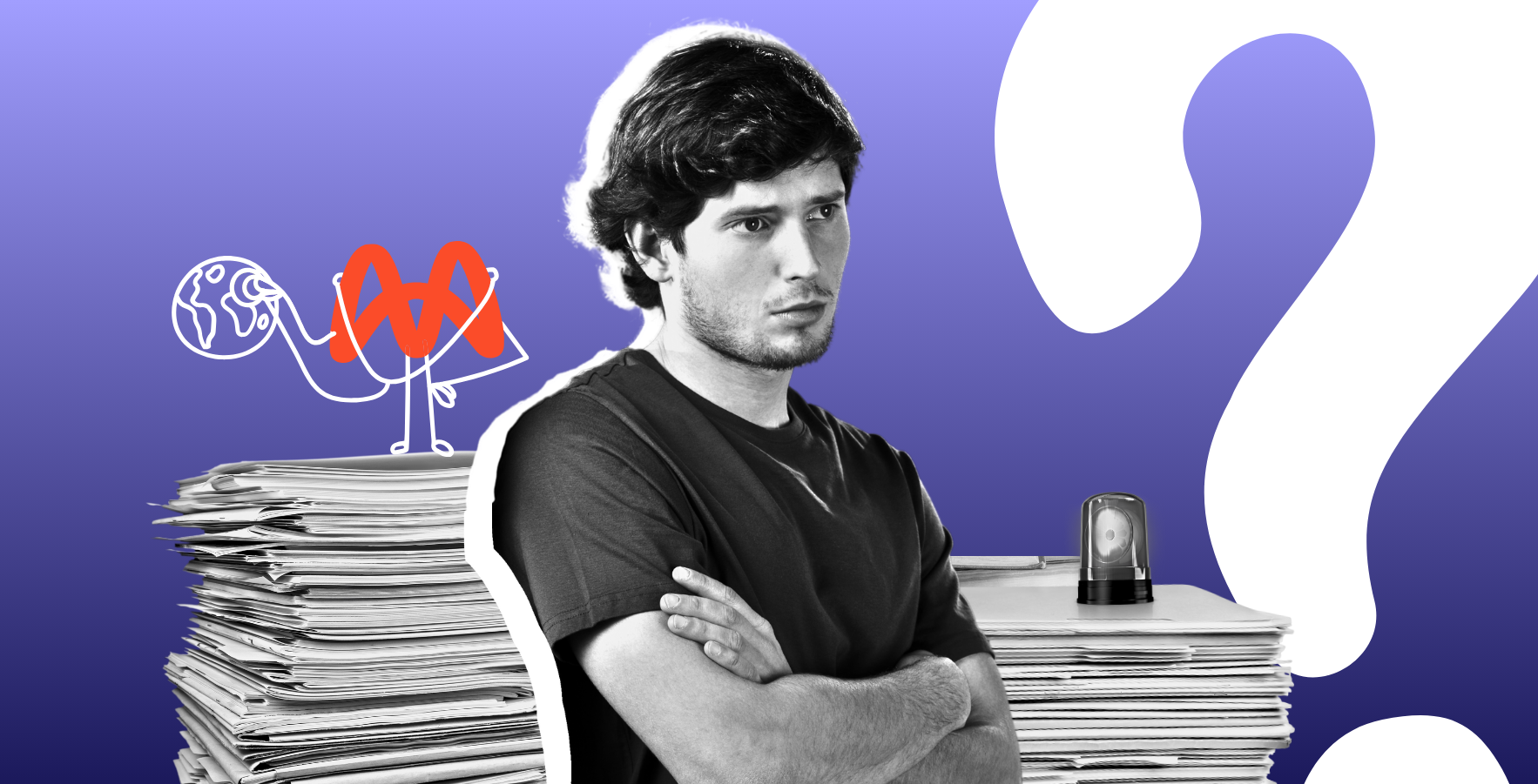 Pensive man with crossed arms standing between two tall stacks of papers, with a stylized globe and DNA helix on one stack and a question mark in the background.