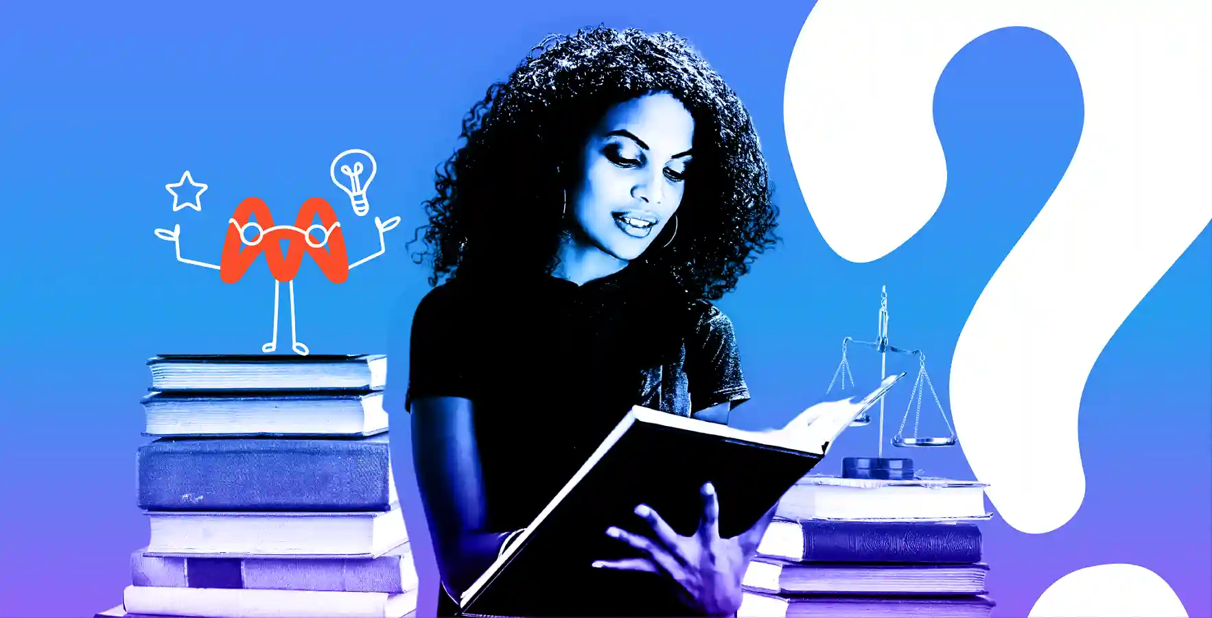 Woman reading a book surrounded by stacks of books, a scale, and a cartoon lightbulb character on a blue background with a large white question mark.