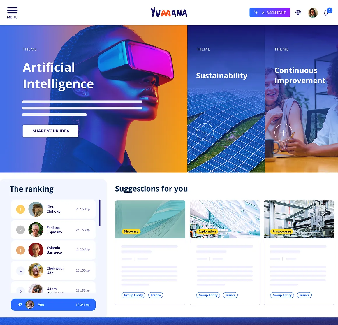 Innovation challenge landing page. Collaborative ideation workflow with gamified ranking.