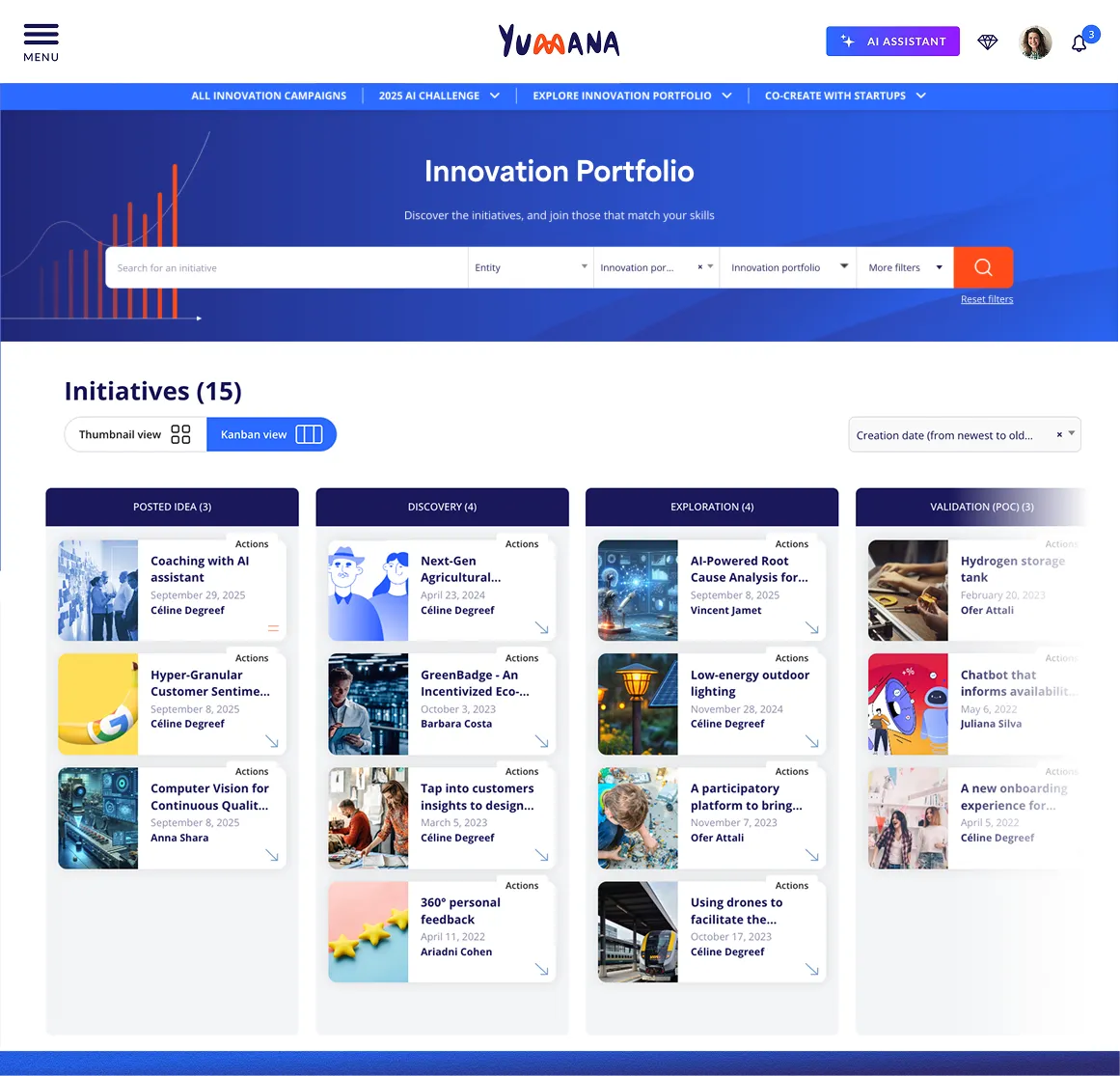 Innovation portfolio Kanban view. Project workflow from ideation to POC validation.